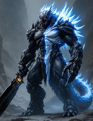The primary subject of the image is a large, blue, and black monster with a spiky tail. The monster is standing on a rocky surface, with a mountain in the background. The visual style of the image is digital art, and the dominant colors are blue and black. The overall atmosphere of the image is dark and mysterious, with the monster appearing menacing and powerful.